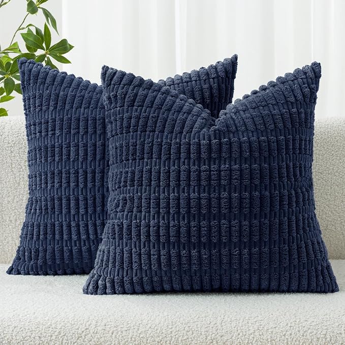 MIULEE Corduroy Decorative Throw Pillow Covers 16x16 Navy Blue Pack of 2 | Soft Boho Striped Pillow Covers Modern Farmhouse Coastal Home Decor For Sofa Living Room Couch Bed