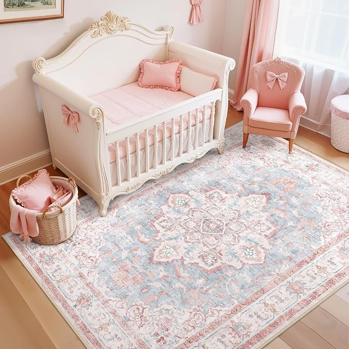 CAPALOCA 3x5 Washable Nursery Girls Low Pile Area Rug Pink Blue | Non-Slip Soft Rugs for Bedroom Kids Playroom Living Room, Print Pattern Water Repellent Carpet Indoor Decor