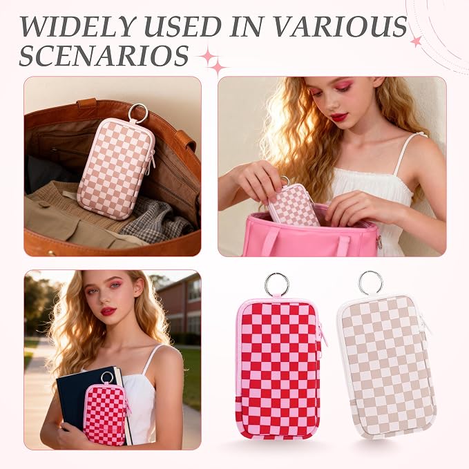 KJQJLY 2 Pack Portable Tampon Organizer Bag Tampon Holder & Storage Case with Zipper for Travel, Discreet Period Bag for Purse, Waterproof Feminine Products Pouch for Women (Checkered)
