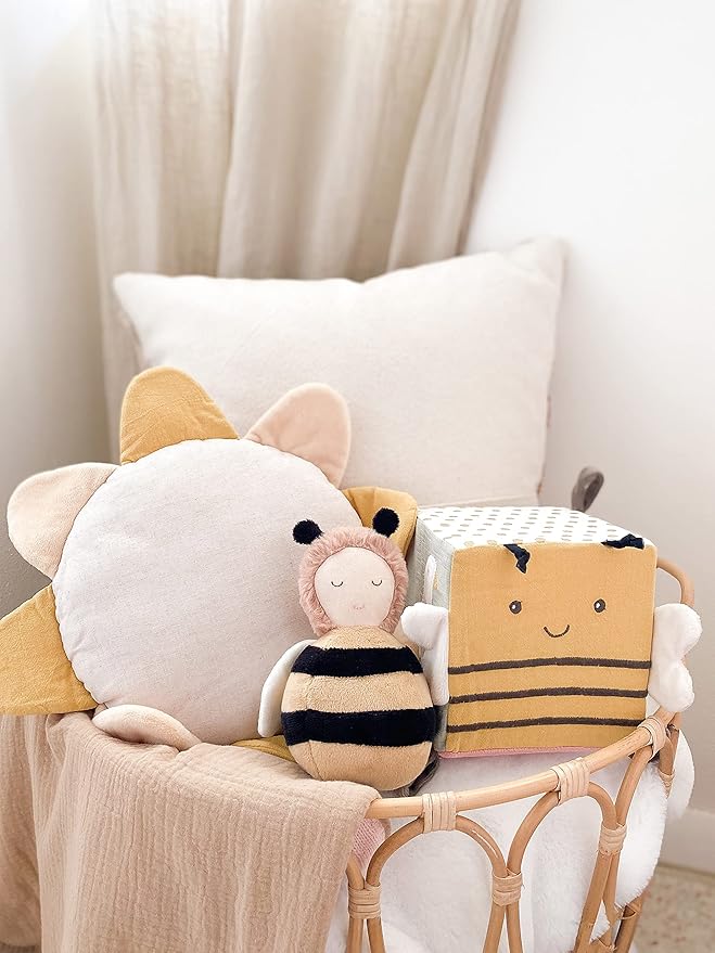 MON AMI Honey Bee Chime Activity Toy | 7-Inch Soft Velour Baby Sensory Toy | Perfect Newborn Essentials | Cute Nursery & Playroom Décor