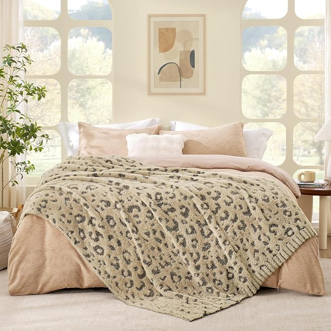Snuggle Sac Leopard Luxury Faux Fur Throw Blanket for Couch,Ultra Soft Cozy Plush Fluffy Blanket for Sofa Bedroom Living Room,Brown Leopard,50x60 inches