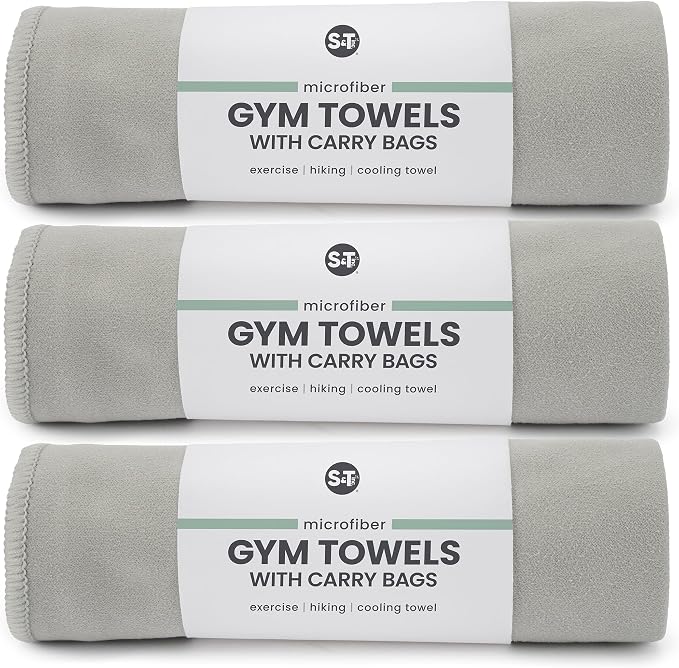 S&T INC. Gym Travel Towel, 3 Pack, Cooling Towels for Camping, Yoga, Home and Gym Bag, 3 Storage Bags Included, 12 Inch x 40 Inch, Microfiber, Grey