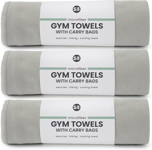 S&T INC. Gym Travel Towel, 3 Pack, Cooling Towels for Camping, Yoga, Home and Gym Bag, 3 Storage Bags Included, 12 Inch x 40 Inch, Microfiber, Grey