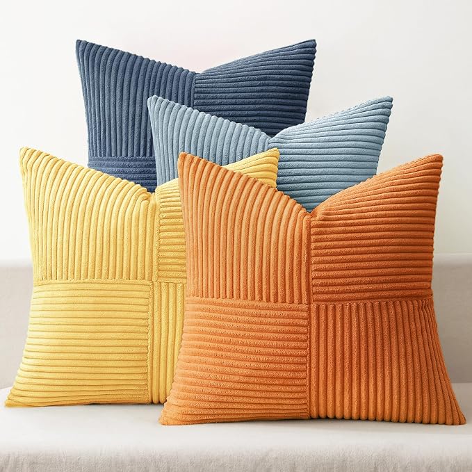 MIULEE Summer Yellow Blue Decorative Throw Pillow Covers 20x20 Inch Set of 4 Soft Corduroy Boho Patchwork Pillow Covers Modern Farmhouse Bright Home Decor for Sofa Living Room Couch Bed