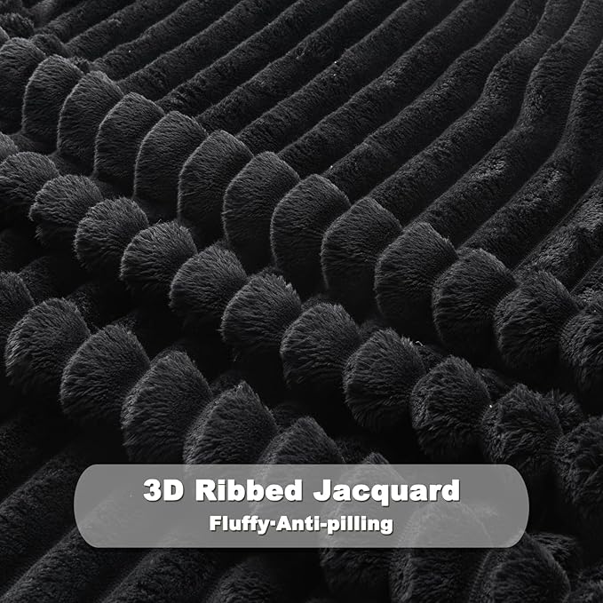 NEWCOSPLAY Super Soft Twin Blanket Black Premium Silky Flannel Fleece 3D Ribbed Jacquard Lightweight Bed Blanket All Season Use (Black Ribbed, Twin(60"x80"))