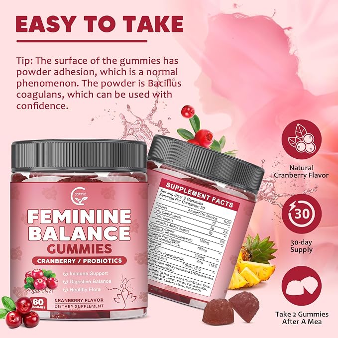 GORNVB （2 Pack） Premium Feminine Balance Gummies for Women, Support pH Balance & Vaginal Probiotics Health Gummies with Cranberry Pineapple Powder, D-Mannose, Sugar Free, Gluten Free, Vegan