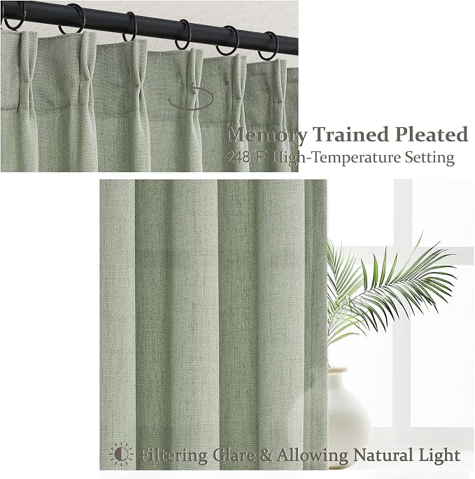 Sage Green Light Filtering Viral Sheer Curtains 90 Inches Long for Bedroom 2 Panels Set, Modern Pinch Pleated Flax Linen Window Drapes with Hooks Rings Ceiling Track 40 x 90 Inch Dining Room Curtain
