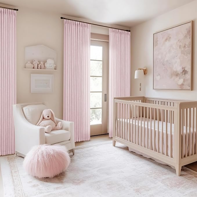 Light Pink Linen Pinch Pleat Curtains 108 Inch Length 2 Panels Set 40x108 | for Nursery Girls Bedroom Living Room, Pinch Pleat Memory Shape Trained, Light Filtering Privacy Semi Sheer, Baby Pink Blush