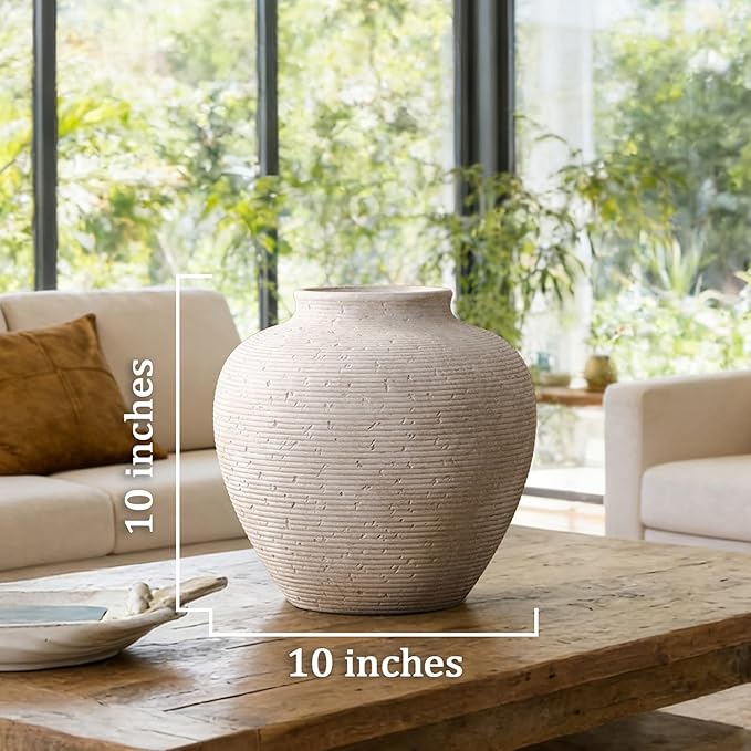 Vanselia Ceramic Flower Vase Home Decor - Large Tall Farmhouse Table Vases Rustic Vintage Living Room Kitchen Bedroom Decorations for House Book Shelf Office Coffee Desk Dining Fireplace (10" Rustic)