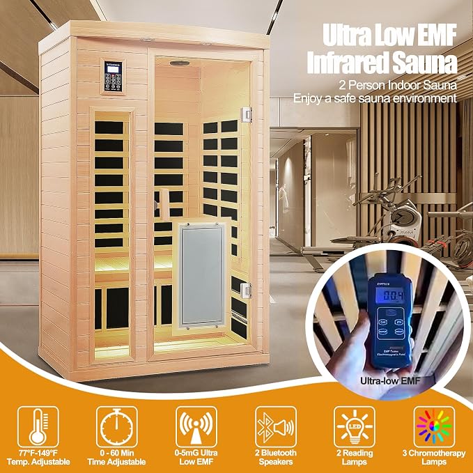 Ultra Low EMF 2 Person Infrared Sauna, 1750W 15A Far Infrared Saunas for Home, Canadian Hemlock Wood Sauna Indoor Sauna with Chromotherapy Light, Bluetooth Speaker, Door Heating Plate