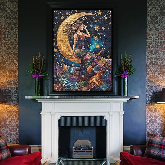 Pretty Women Patch Puzzles for Adults 1000 Pieces, Beautiful Quilt Sewing Art Challenging Jigsaw Puzzles, Colorful Moon Stars Aesthetic Impossible Hard Difficult Puzzle