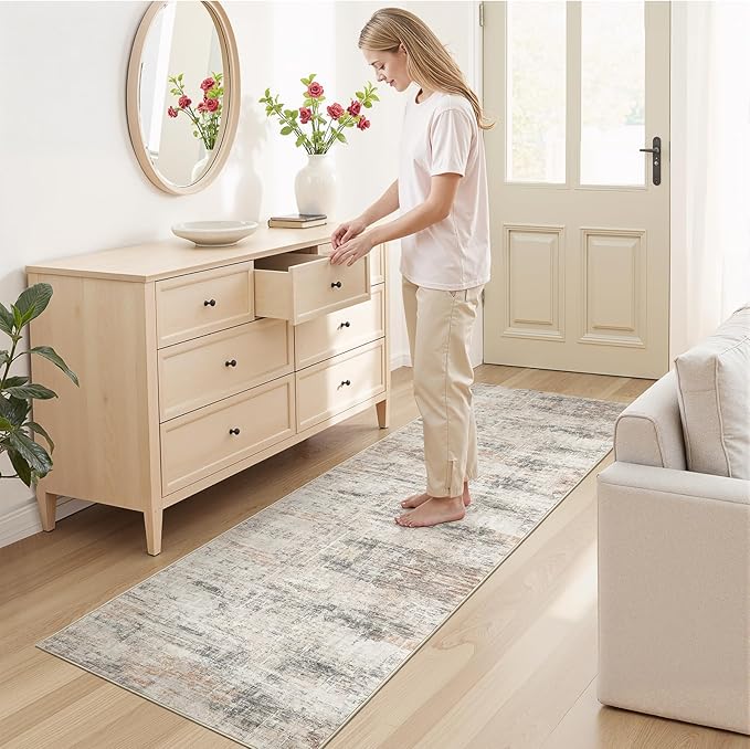 2X6 Area Rug for Hallways, Gold Abstract Washable Non-Slip Runner Rugs | Low Pile Runner Rugs, Soft Carpet for Kitchen Bathroom Bedroom Laundry, Stain Resistant Foldable Non-Shedding Distressed Rug