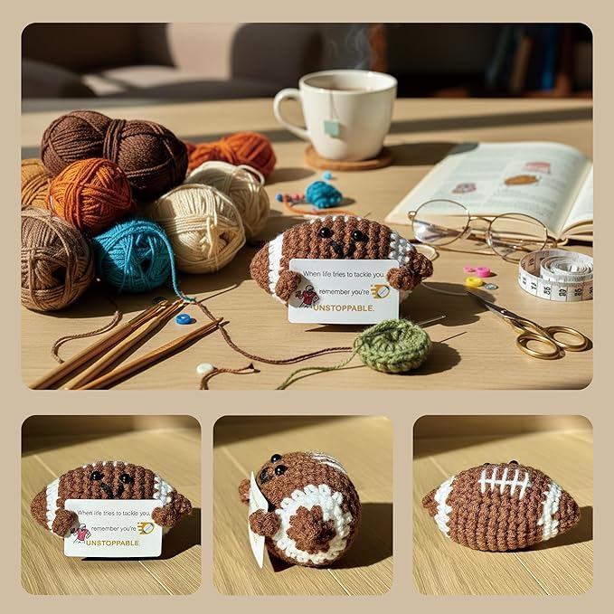 3-PCS | Sports Mania Crochet Set | Basketball Football Rugby Positive Plush | Handmade Emotional Stuffed Toys with Wooden Stand & Inspirational Cards | Mental Health Decor Gift for Fan Teens Adults