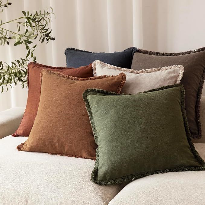 Foindtower Set of 2 Decorative Linen Fringe Throw Pillow Covers Cozy Boho Farmhouse Cushion Cover with Tassels Soft Accent Pillowcase for Couch Sofa Bed Living Room Home Decor, 26×26 Inch,Orange Brown