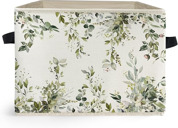 Watercolor Green Botanical Storage Box Bins, Rustic Cottagecore Flower Botanical Collapsible Storage Basket Organizer for Bedroom Laundry Room Home Clothes Books, Decor for Room