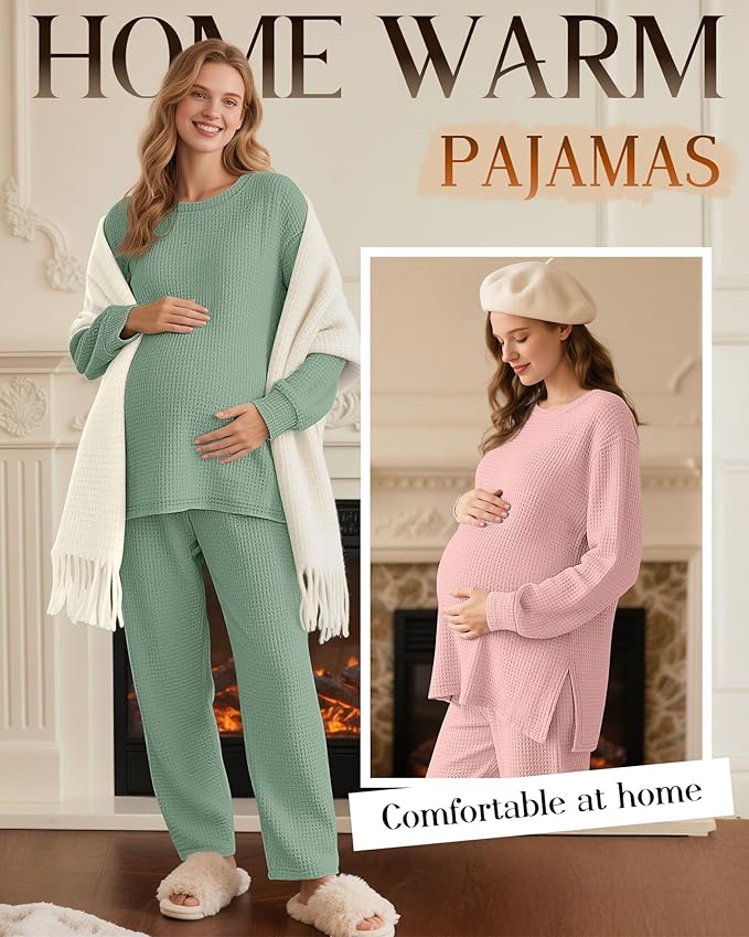 3 Pack Women's Maternity Shirts Long Sleeve Waffle Knit Side Split Oversized Tops Pregnancy Clothes Fall Tees
