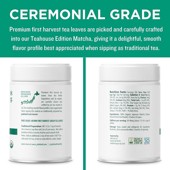 Jade Leaf Matcha Organic Ceremonial Grade Teahouse Edition Matcha Powder - 100% Pure Japanese Premium First Harvest Green Tea for Ceremonies, Usucha, Lattes 100g / 3.53 Ounce Tin (Pack of 1)