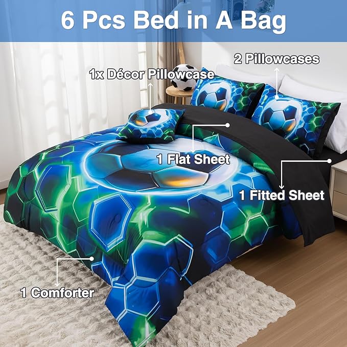 A Nice Night Twin Size 6 Pieces Football Comforter Set for Boys Girls Kids Geometric Lightweight Bedding Sets Bed in A Bag for All Seasons,Bluegreen