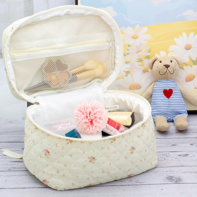 PAZIMIIK 3PCS Makeup Bag SET Large Travel Quilted Zipper Soft Cosmetic Case Pouch for Women Girls Make Up,Floral White