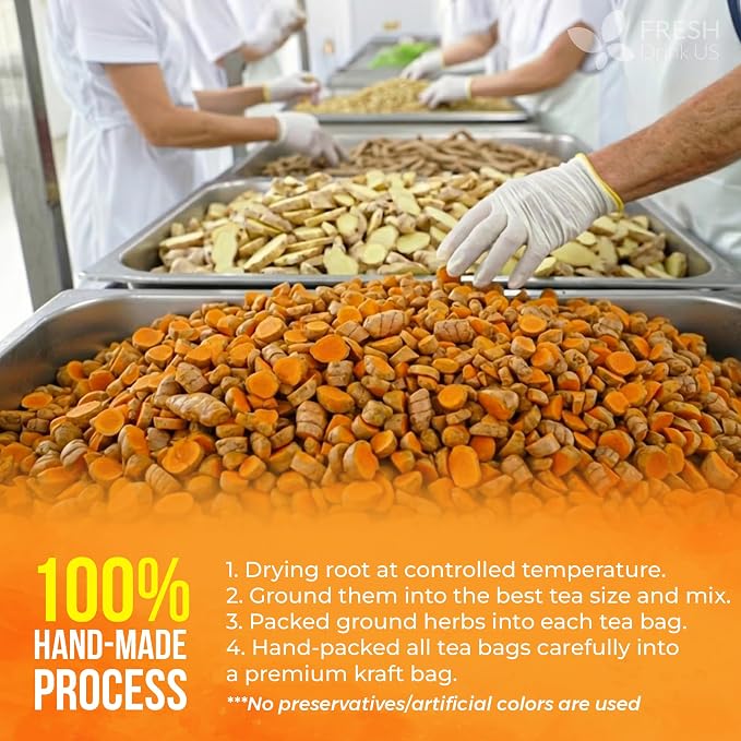 FreshDrinkUS, Premium 210 Ginger Turmeric Tea Bags, 100% Natural Ingredients, Hand-made Blend of Ginger and Turmeric Herbal Tea, Eco-conscious Tea Bags. No Sugar, No Caffeine, No Gluten, Vegan.