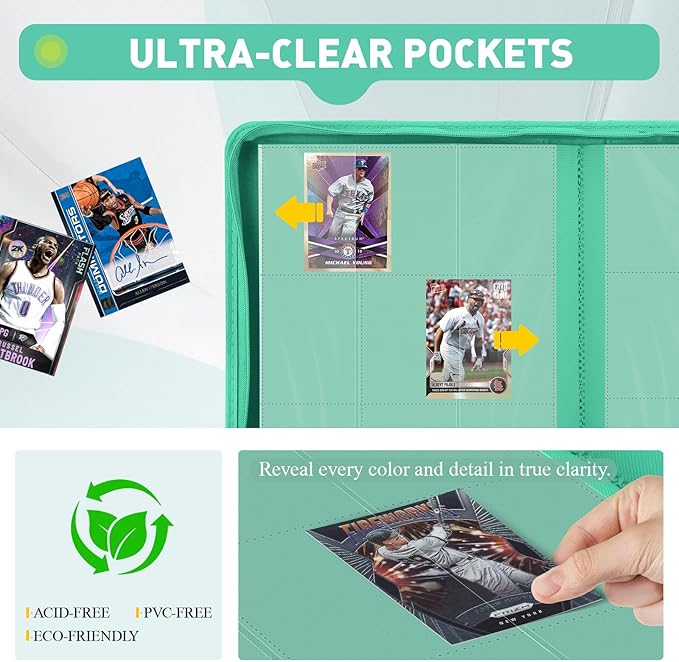 Trading Card Binder 9 Pocket, 360 Pockets Double-Sided Card Album, Premium PU Leather Zipper Card Holder for MTG, TCG, Sports & Game Cards, Must-Have for Collectors（Light Green）