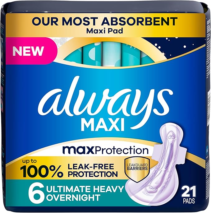 Always Maxi Overnight Feminine Pads with Wings for Women, Size 6, Ultimate Heavy Overnight Absorbency, Unscented, Up to 100% Leak-Free Protection, 21 Count