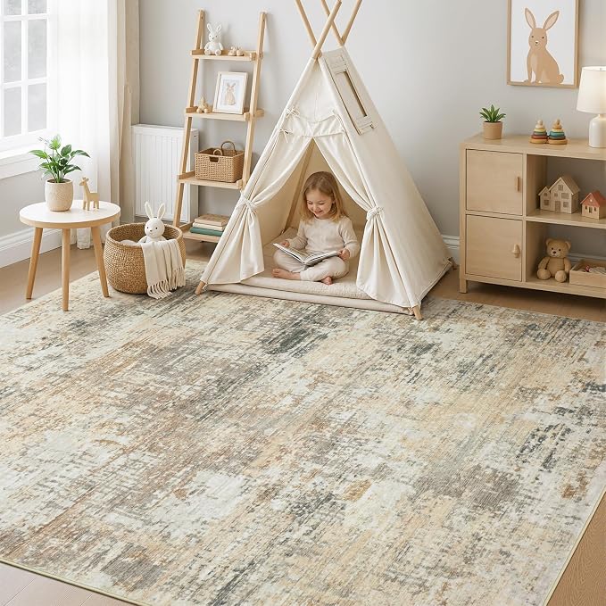 Rugflix 5x7 Area Rugs for Living Room, Washable Gold Beige Grey Large Rug | Machine Washable; Stain-Resistant; Low Pile; Non-Slip; Modern Abstract; Carpet for Bedroom Dining Office Nursery Home