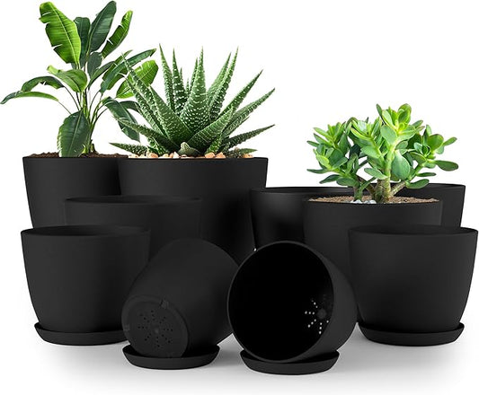 Plant Pots Indoor with Drainage, 10 Pack Multi-Size Planters Set, Black | Drainage holes included Multiple sizes 7/6.6/6/5.3/4.8 In Indoor plants and flowers Durable plastic construction