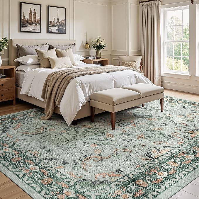 8x10 Area Rugs for Living Room,Washable Non-Slip Large Rug, Sage Green | Soft Carpets for Bedroom for Dining Room Home Office Indoor Nursery, Stain Resistant, Low Pile, Vintag Boho Distressed Rug