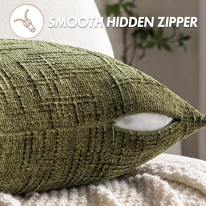 MIULEE Chenille Textured Throw Pillow Covers Olive Green 18x18 Set of 2 | Slubby Decorative Pillows, Boho Farmhouse Home Decor, Modern Neutral Cushion Covers for Couch Sofa Bed Living Room