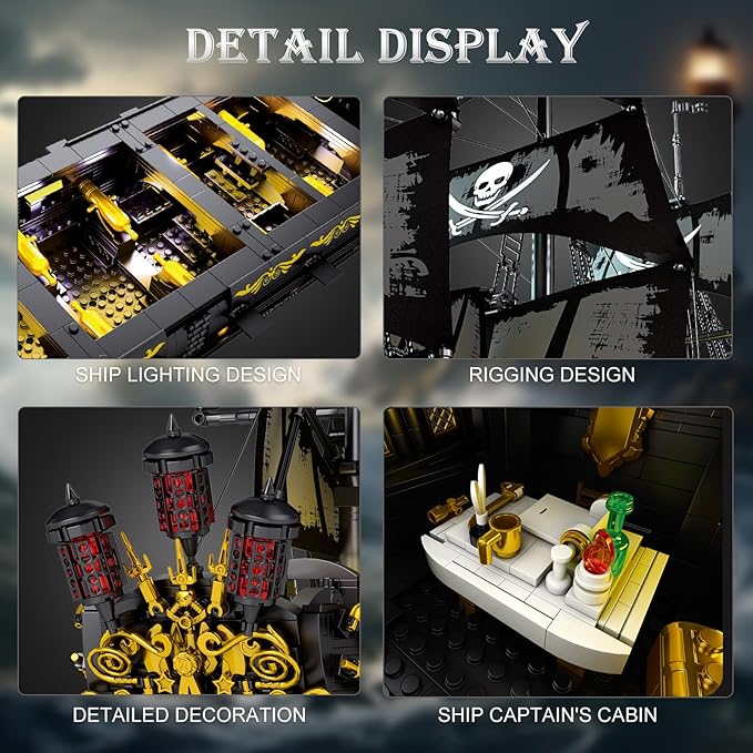 Pirate Ship Building Set with LED Lights,Large Black Pearl Ship Model 66036,Pirate Ship Sailboat Toy,Halloween Home Decor Birthday Gifts,Model Kits for Adult Boys Girls 14+（4304 PCS）