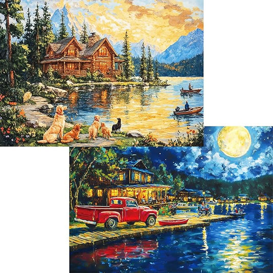 Puzzles for Adults 1000 Pieces, 2 Pack Lake Cabin and Moonlight Jigsaw Puzzles, Night View Theme, Challenging Puzzles for Game Night, Perfect for Nature Lovers