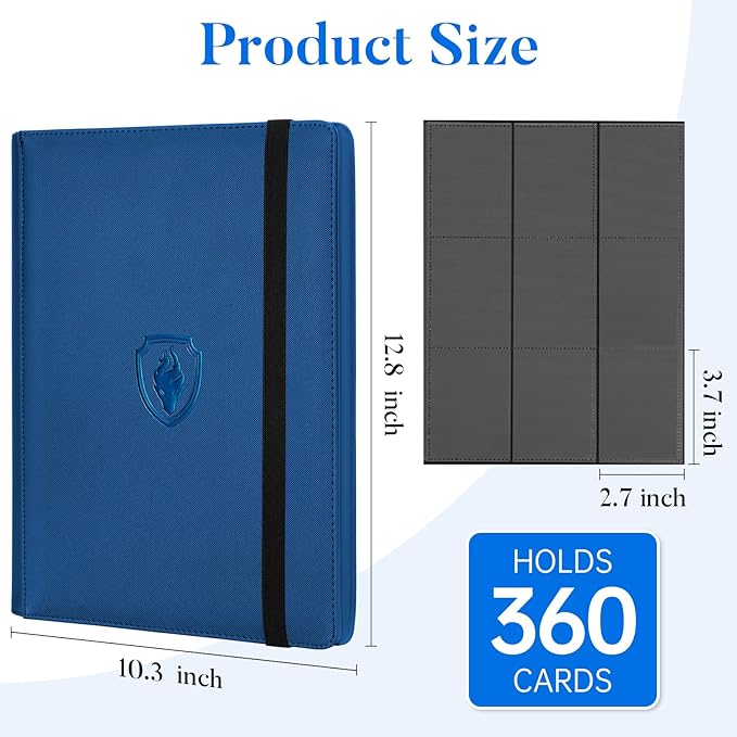 Premium 9 Pocket Card Binder for 360 Cards, Fabmaker PU Cover Trading Card Binder, Sturdy Card Collection Album, Sleek Card Holder Folders for Game Cards & Sports Cards, Royal Blue
