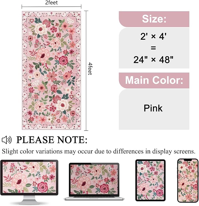 DUKINO 2x4 Entryway Rug, Floral Washable Kitchen Rugs Non Slip, Pink | Low Pile, Soft Indoor Runner Rug for Hallway, Bedroom, Bathroom, Laundry, Pet Friendly, Modern Home Decor, Stain Resistant