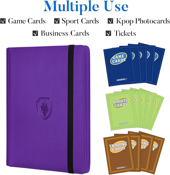 Premium 9 Pocket Card Binder for 360 Cards, Fabmaker PU Cover Trading Card Binder, Sturdy Card Collection Album, Sleek Card Holder Folders for Game Cards & Sports Cards, Purple