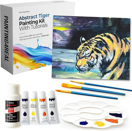 DIY Painting Kits for Adults and Kids with Video Tutorials: Learn How to Paint Abstract Tiger – Painting Set & Art Supplies Kit – 9 Piece Acrylic Paint Set