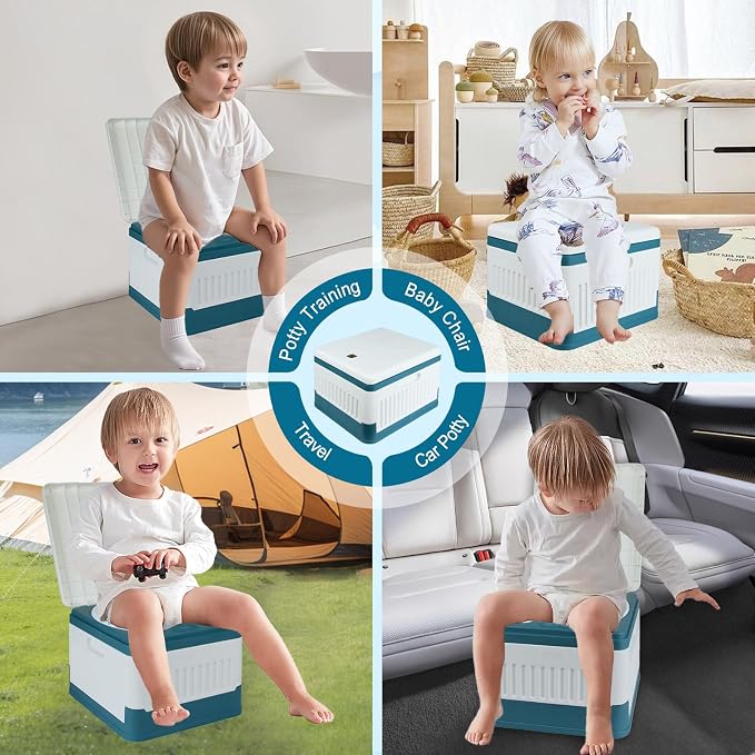 Portable Potty Seat for Toddler Travel, Foldable Training Toilet Seats | Emergency Mobile Toilet, for Kids Boys Girls, for Car Camping Outdoor Indoor, with 60 Disposable Cleaning Bags, Storage Bag