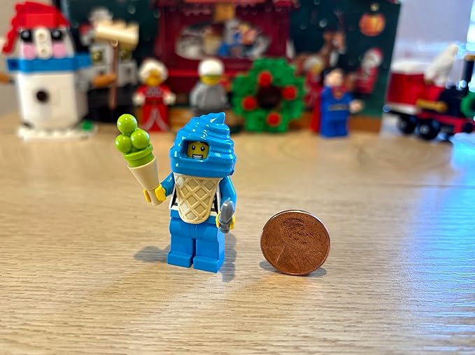 LEGO City Town Minifigure - Boy in Blue Ice Cream Suit (with Ice Cream Cone and Spoon) Very Cute