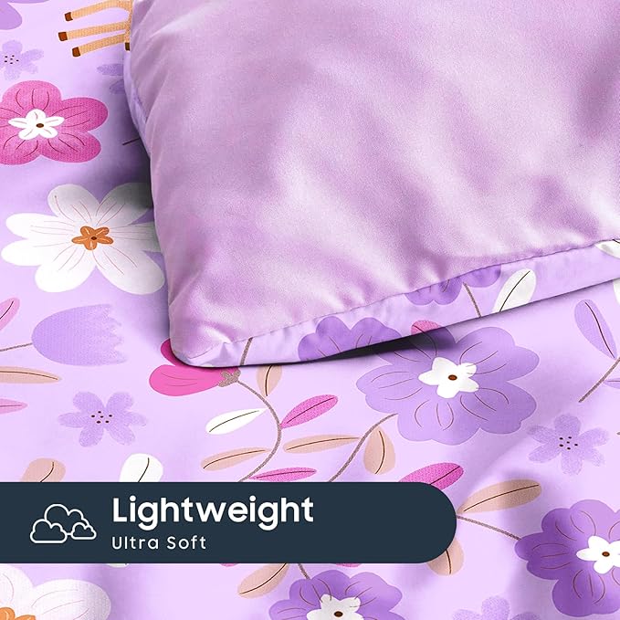 Wake In Cloud - Floral Bedding Set for Girls, Cute Colorful Botanical Flowers Deers Patterned Soft Lightweight Comforter Set with Sheets, 5 Pieces Kids Bed in a Bag, Lavender, Twin Size