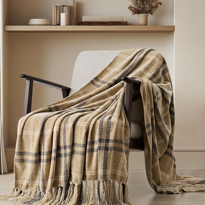 Plaid Chenille Knit Throw Blanket for Couch, 50"x60", Khaki Grey | Super Soft Knitted Throw with Tassels, Cozy, Decorative Farmhouse Plaid, Lightweight, Ideal for Bed Sofa Gift Home Decor
