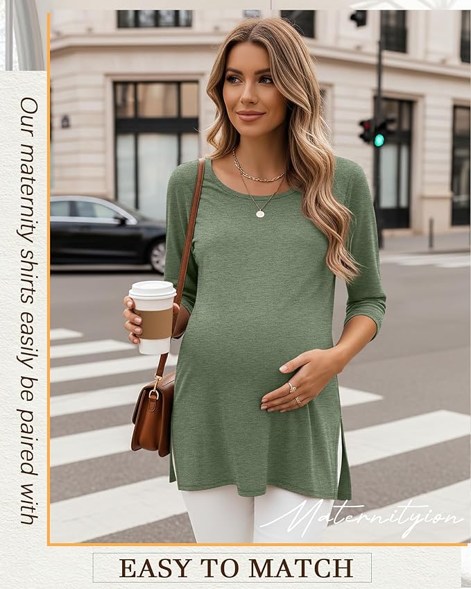 3 Pack Women's 3/4 Sleeve Maternity Shirts Elbow Length Clothes Round Neck Tunics Pregnancy Loose Side Split Tops