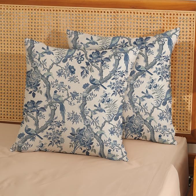 Chinoiserie Pillow Covers 20x20 Set of 2 Blue and White Bird Floral Throw Pillows Vintage Blue Flowers Decorations Outdoor Pillowcase Chinoiserie Decor Farmhouse Cushion Case for Couch Home