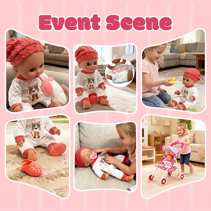 Baby Doll Stroller Set Interactive Baby Doll Eyes Open & Close with Doll Accessories Pretend Play Playset Realistic Baby Stroller Toy for Kids Toddlers Girls Ages 3+