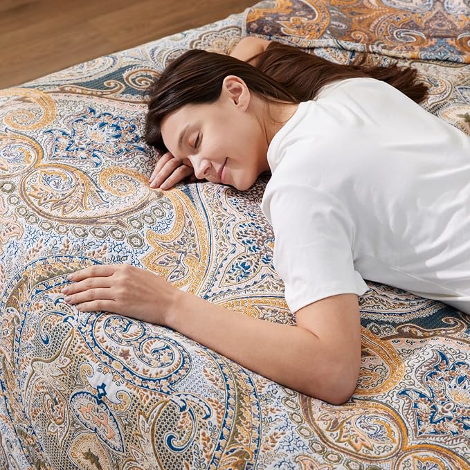 100% Cotton Boho Throw Blanket for Home Decor – Classic Farmhouse Quilt Bedding, Muslin Blankets for Adults, Vintage Woven Decorative Blanket for Couch, Bed Layering Use, Paisley Pattern, 90"x90"
