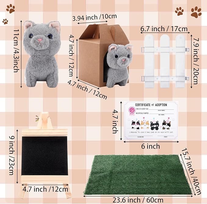 84 Pcs Adopt a Pet Party Favors 24 Mini Plush Stuffed Animals 10 White Plastic Fence 24 Paper Gift Boxes 24 Adoption Cards with Mini Chalkboard and Artificial Lawn(Cat)