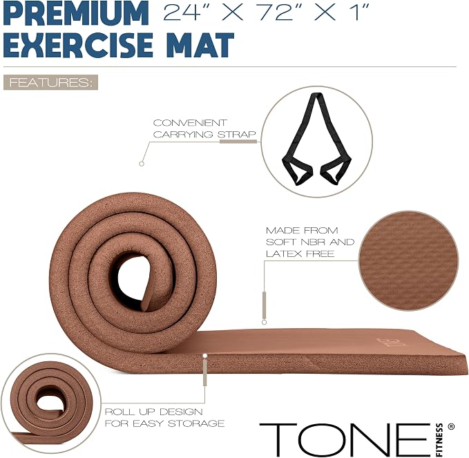Tone Fitness 1-Inch Thick Yoga Mat | High-Density, Non-slip Exercise Mat with Carrying Strap for Yoga, Pilates, & Home Gym Workouts | Multiple Options