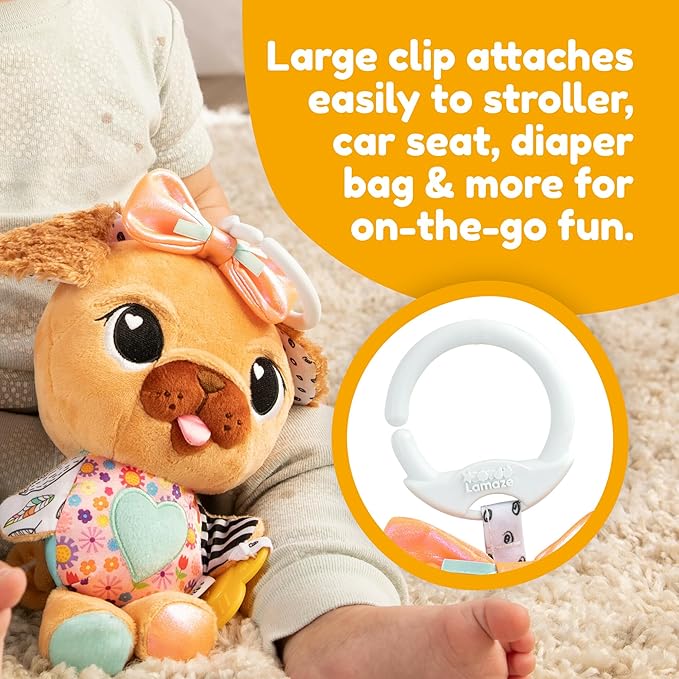Lamaze Lovey The Pug Clip On Toy - Baby Sensory Toys for Stroller or Car - Developmental Stroller and Car Seat Toys - Includes Clip for On-The-Go Stroller or Car Seat Play - Ages 0 Months and Up