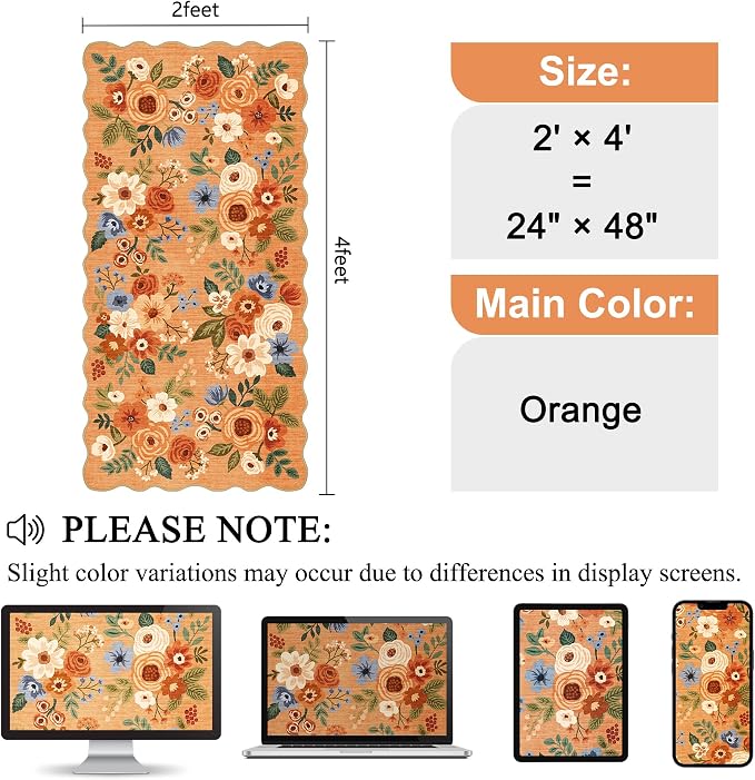 DUKINO 2x4 Rug for Entryway, Floral Washable Kitchen Rugs Non Slip, Orange | Soft, Low Pile, Stain Resistant Throw Runner Rug for Hallway, Bedroom, Bathroom, Laundry, Pet Friendly, Modern Home Decor