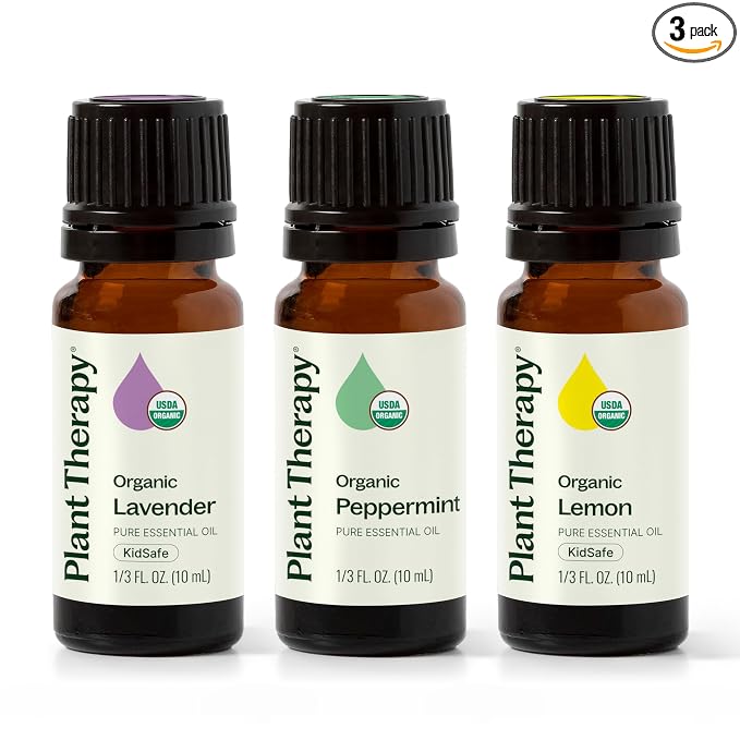 Plant Therapy Top 3 Organic Essential Oil Singles Set 10 mL (1/3 oz) Lemon, Lavender & Peppermint 100% Pure Essential Oils, Undiluted, Natural Aromatherapy for Diffusion and Body Care