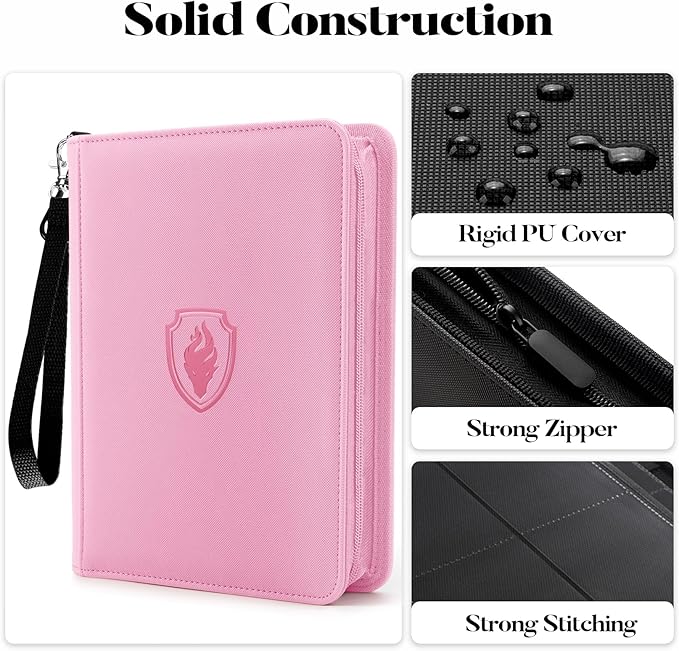 Fabmaker Premium 4 Pocket Zip Card Binder, Trading Card Binder for 320 Cards, Portable PU Card Collection Binder, Collector Card Album Folder for Game & Sports Cards (Pink)